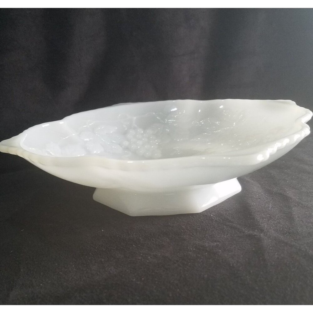 Vintage White Milk Glass Fruit Bowl Scalloped Edge Grape Vine Footed  10" large